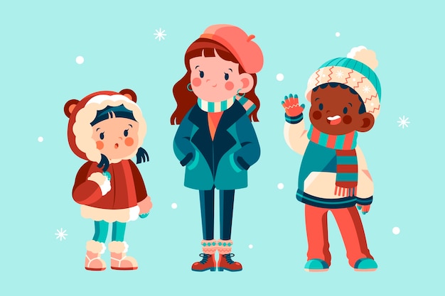 Gratis vector handgetekende platte wintermensencollectie