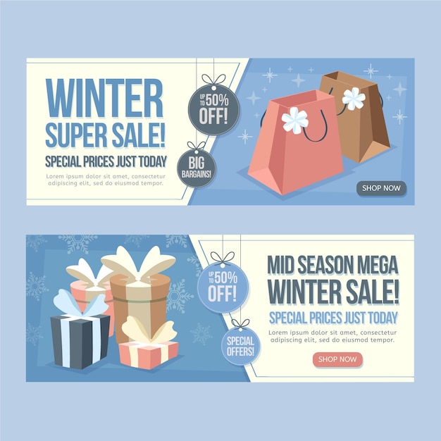 Gratis vector handgetekende platte winterverkoop horizontale banners set