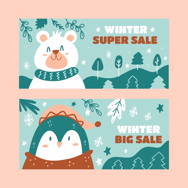 Handgetekende platte winterverkoop horizontale banners set