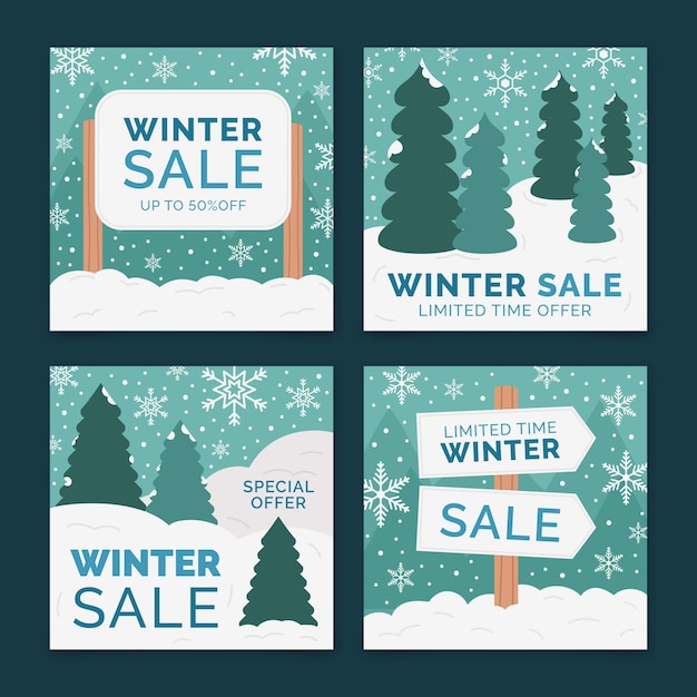 Gratis vector handgetekende platte winterverkoop instagram posts collectie met sparren