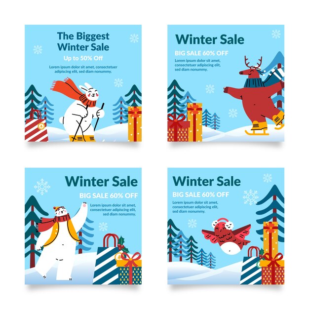 Handgetekende platte winterverkoop instagram posts collectie