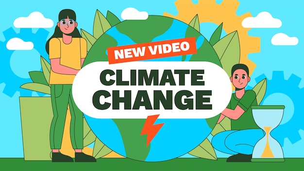 Handgetekende platte youtube-thumbnail van klimaatverandering