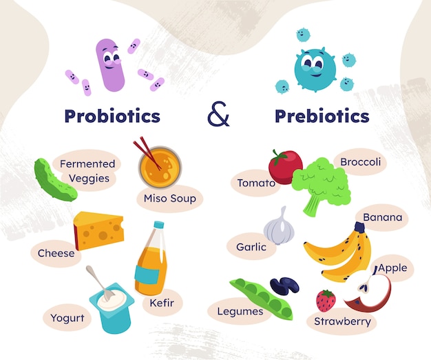 Handgetekende probiotica en prebiotica infographic