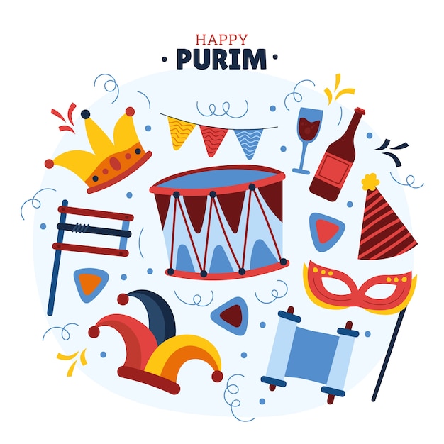 Gratis vector handgetekende purim-elementencollectie