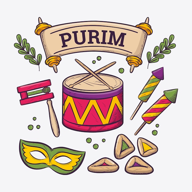 Gratis vector handgetekende purim-elementencollectie