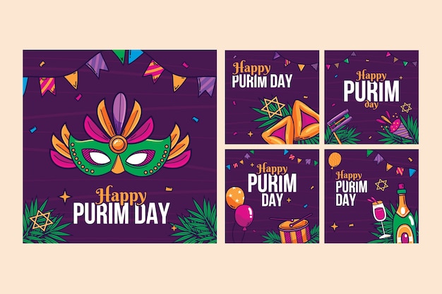 Gratis vector handgetekende purim instagram posts collectie