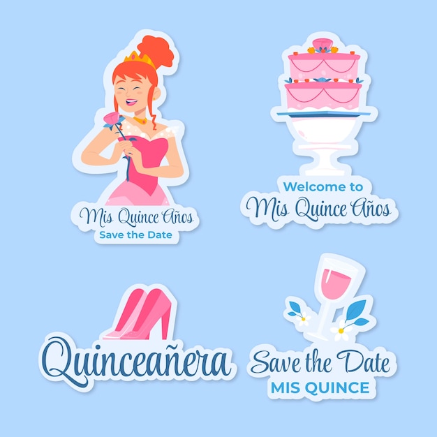 Gratis vector handgetekende quinceanera feestetiketten