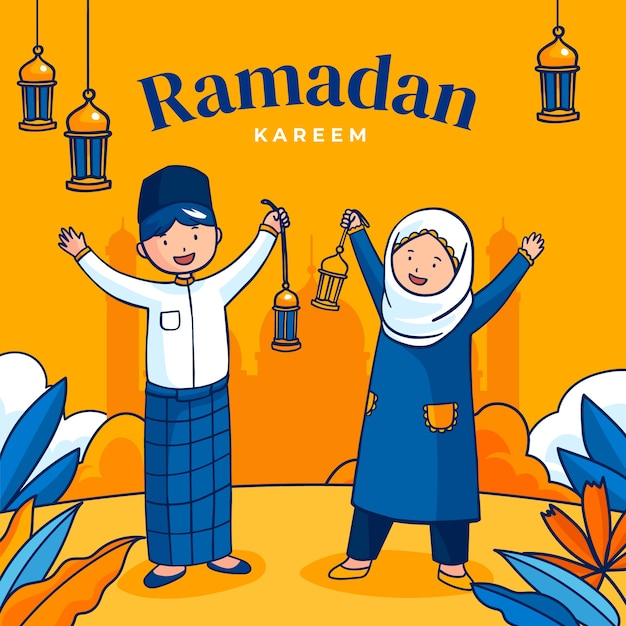 Handgetekende ramadan kinderillustratie