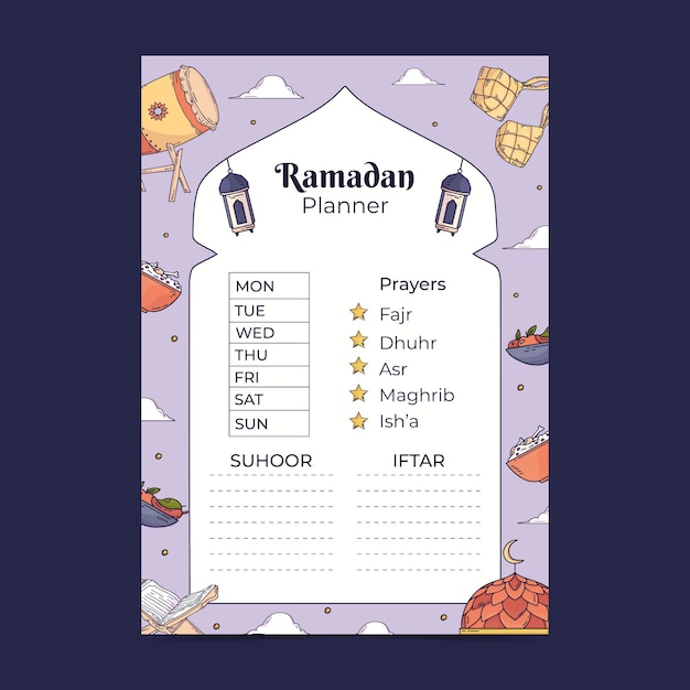 Handgetekende ramadan planner-sjabloon