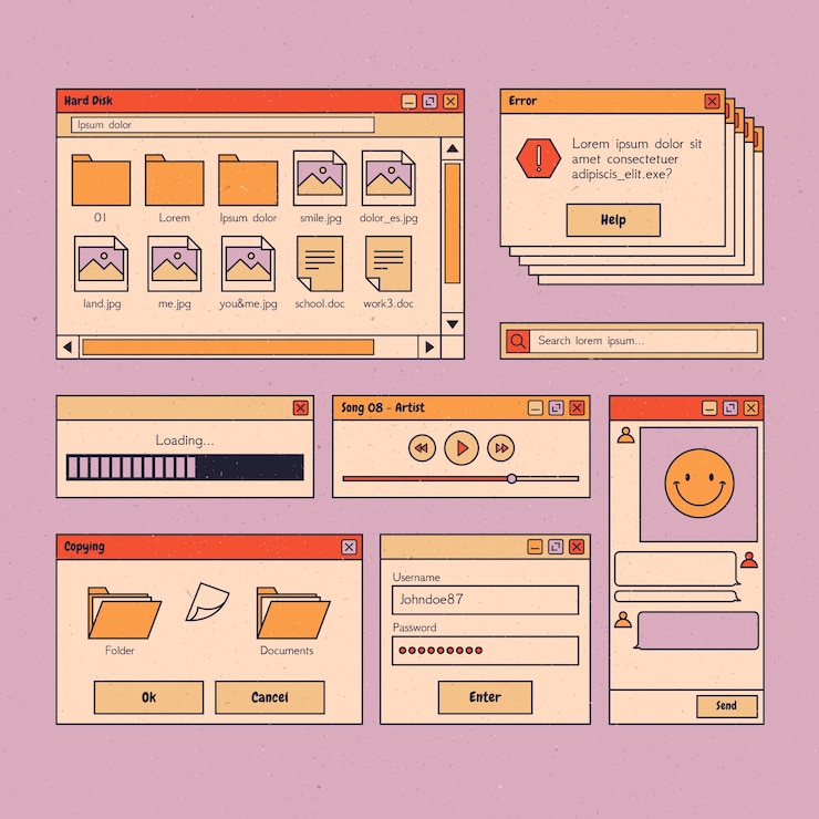 Gratis Vector handgetekende retro computer windows-elementen