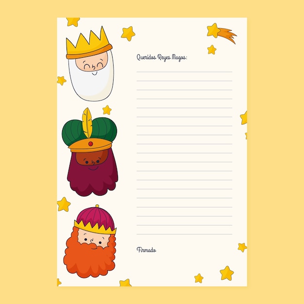 Gratis vector handgetekende reyes magos briefsjabloon