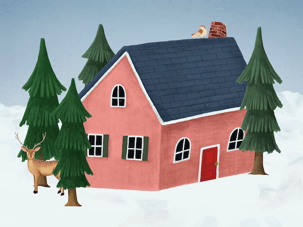 Handgetekende rode huis op een witte kerstnacht
