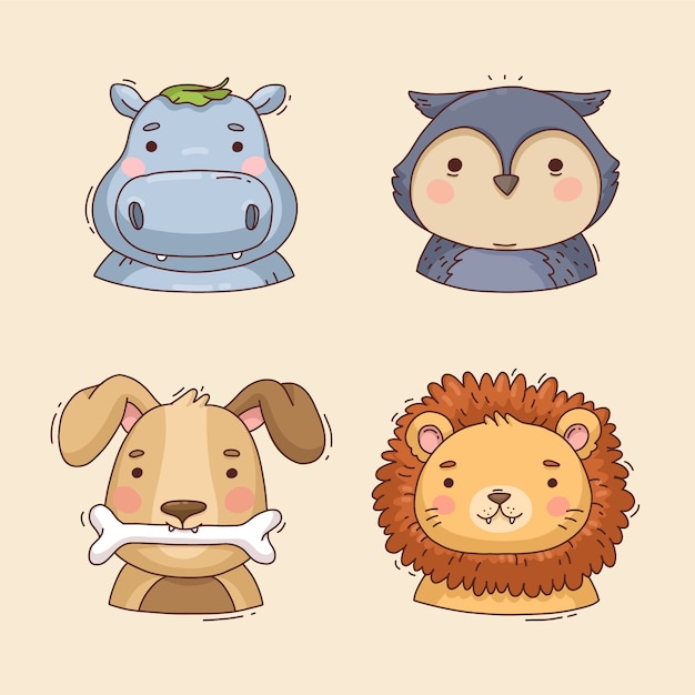 Handgetekende schattige dieren avatars element pack