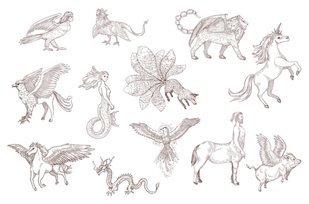 Handgetekende schets van fantastische beesten uit oude mythen. Chinese draak, Pegasus, eenhoorn, griffioen, harpij, zeemeermin, geïsoleerd op wit gegraveerde afbeelding