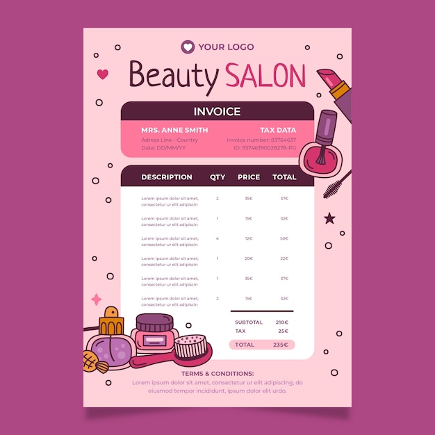 Gratis vector handgetekende schoonheidssalon factuur