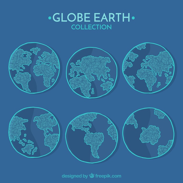 Gratis vector handgetekende selectie van de aarde globes in blauwe tinten