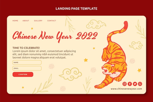 Handgetekende sjabloon voor bestemmingspagina voor Chinees nieuwjaar