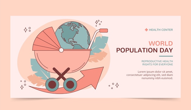Gratis vector handgetekende sjabloon voor horizontale spandoek van de wereldbevolking met kinderwagen