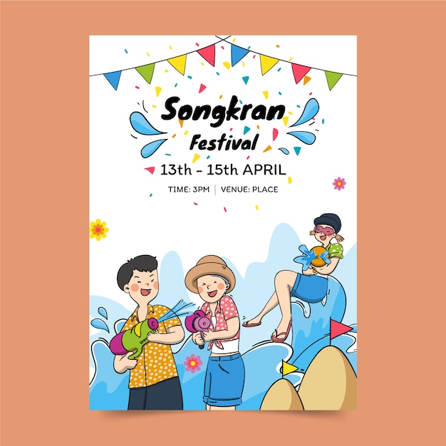 Handgetekende songkran verticale flyer-sjabloon