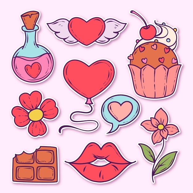Handgetekende stickercollectie voor Valentijnsdag