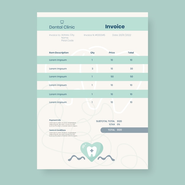 Handgetekende tandheelkundige kliniek factuursjabloon