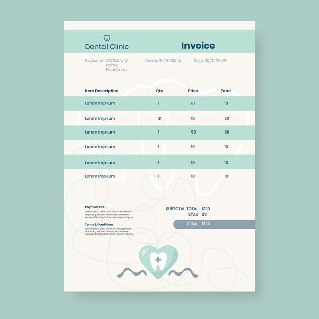 Handgetekende tandheelkundige kliniek factuursjabloon