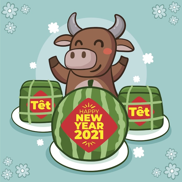 Gratis vector handgetekende tet met watermeloenen en stier