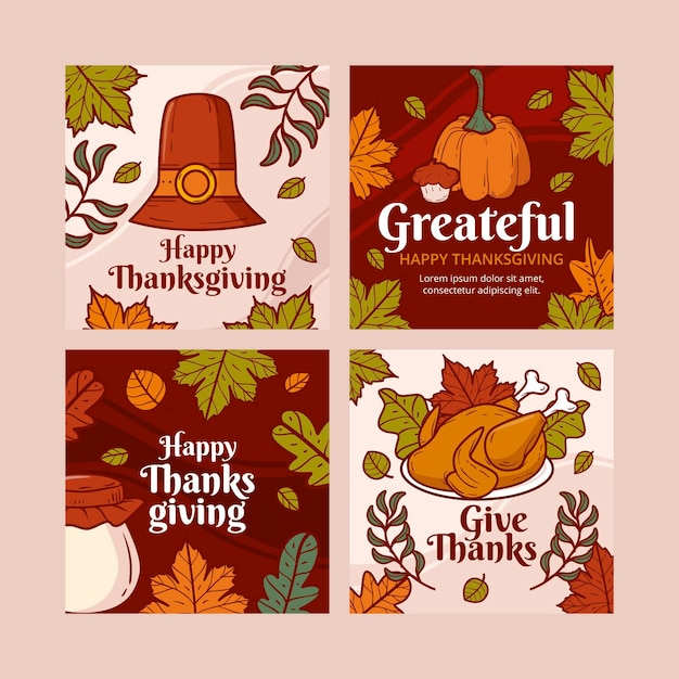 Gratis vector handgetekende thanksgiving instagram posts collectie