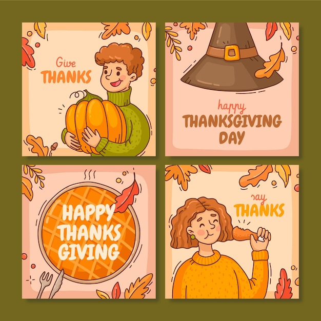 Gratis vector handgetekende thanksgiving instagram posts collectie