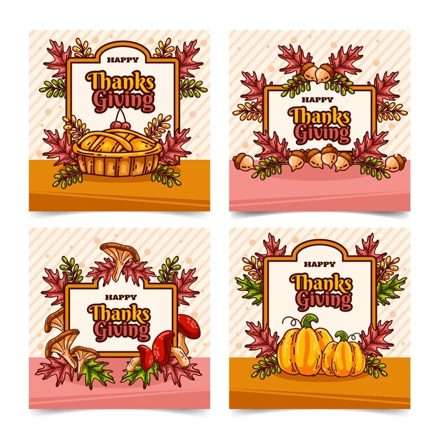 Gratis vector handgetekende thanksgiving instagram posts collectie