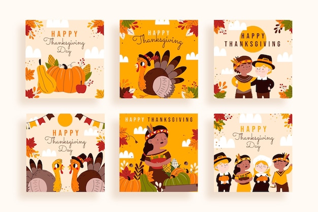 Gratis vector handgetekende thanksgiving instagram posts collectie