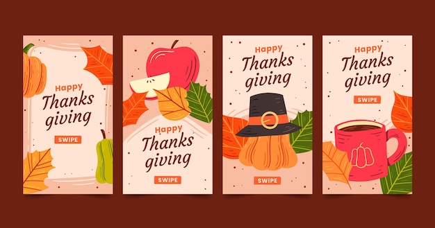 Gratis vector handgetekende thanksgiving instagram-verhalencollectie