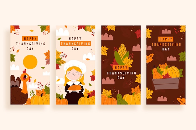 Gratis vector handgetekende thanksgiving instagram-verhalencollectie