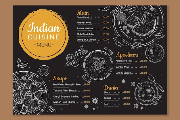 Handgetekende traditionele Indiase restaurant menusjabloon