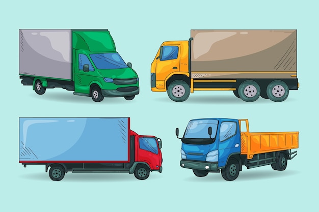 Gratis vector handgetekende transportvrachtwagenset