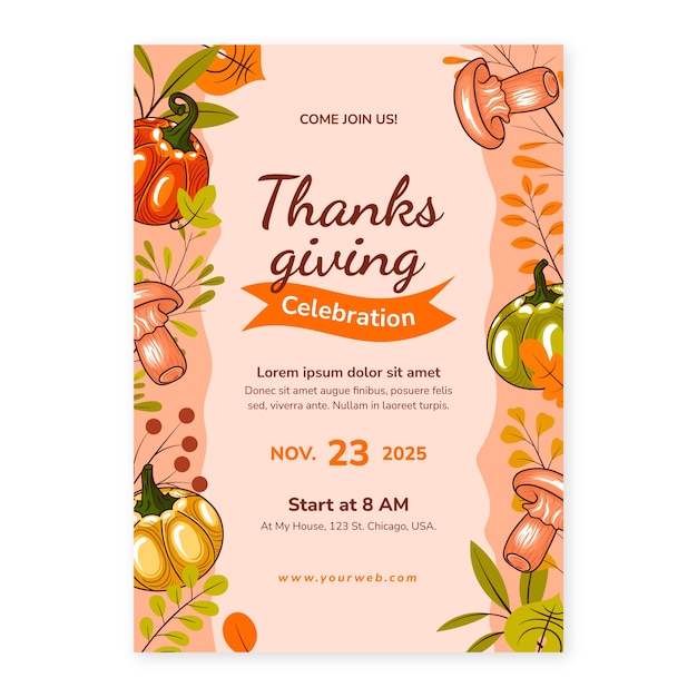 Gratis vector handgetekende uitnodigingssjabloon voor thanksgiving day-viering