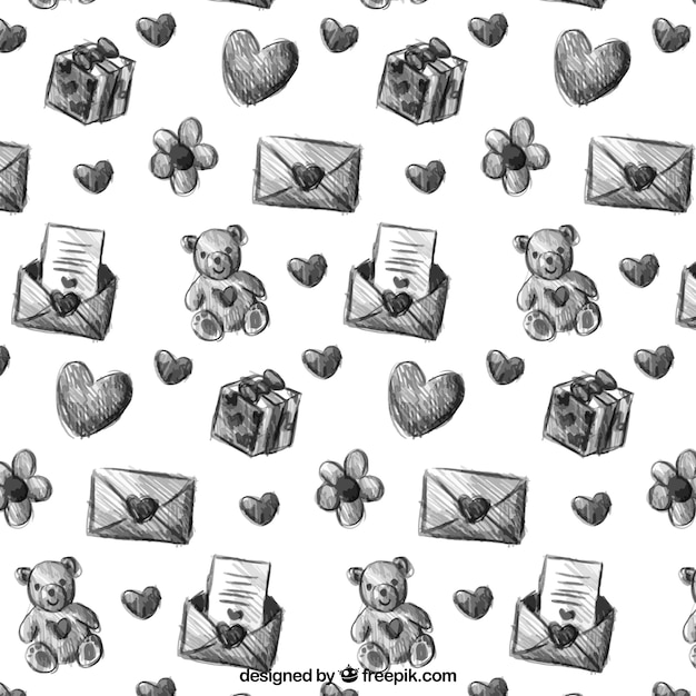 Handgetekende valentines patroon met teddyberen en letters