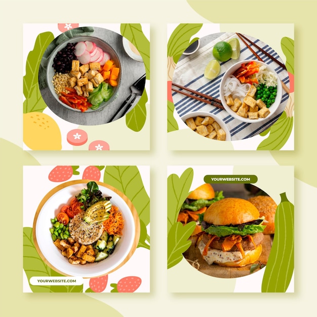 Handgetekende vegetarische instagramposts voor eten