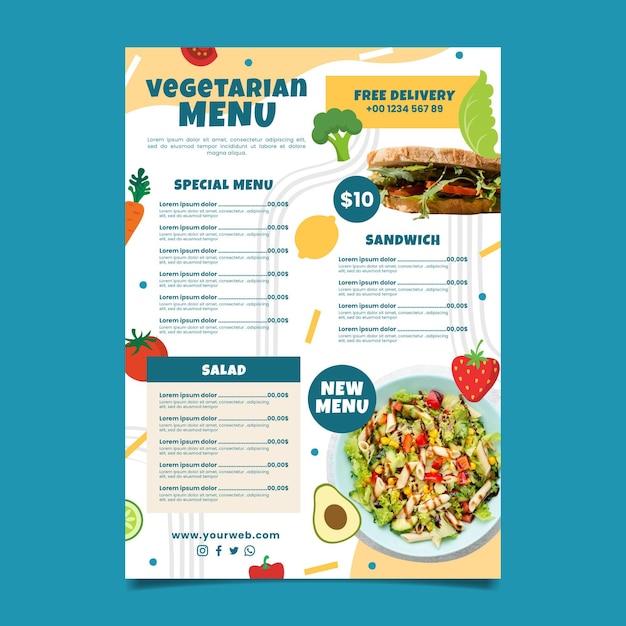 Gratis vector handgetekende vegetarische menusjabloon