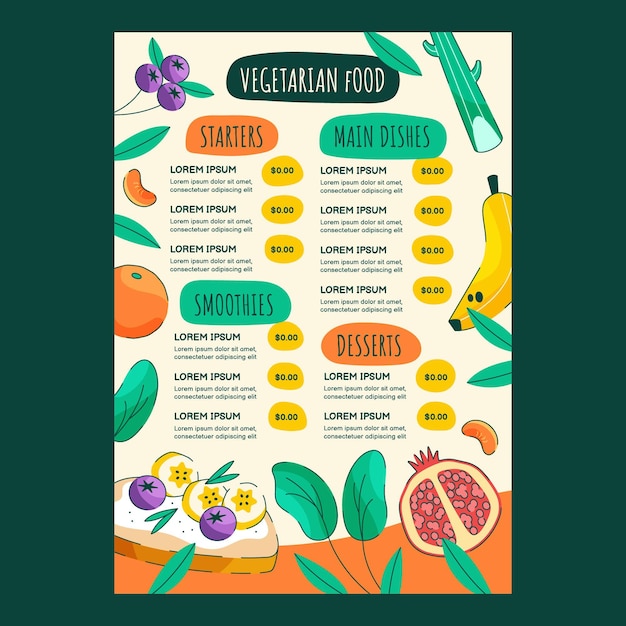 Gratis vector handgetekende vegetarische restaurant menusjabloon