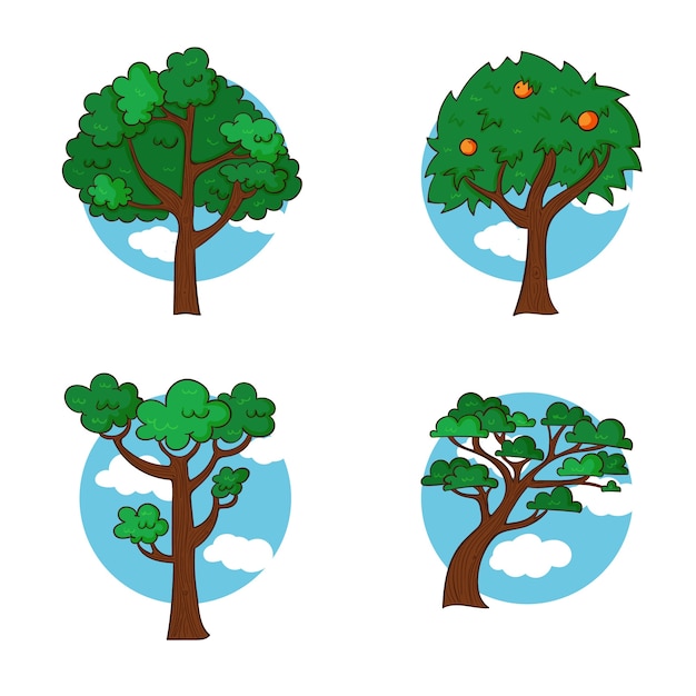 Handgetekende verschillende soorten bomen
