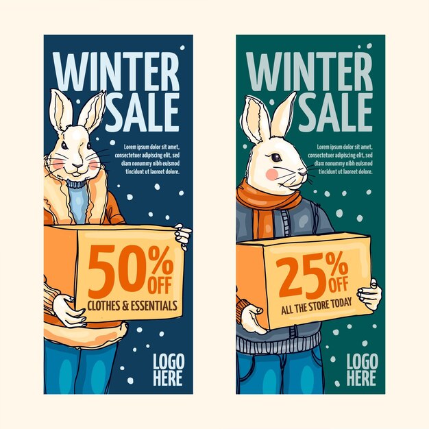 Gratis vector handgetekende verticale winterverkoop banners set