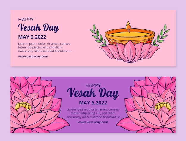 Handgetekende vesak day horizontale banners pack