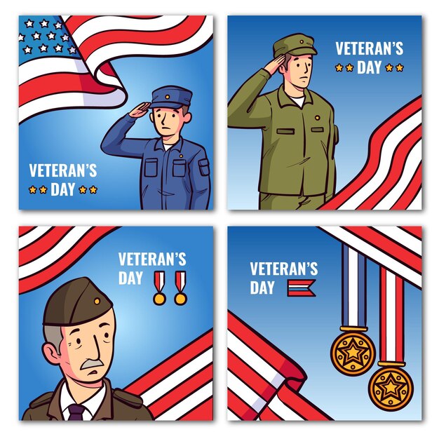 Gratis vector handgetekende veteranendag instagram posts collectie