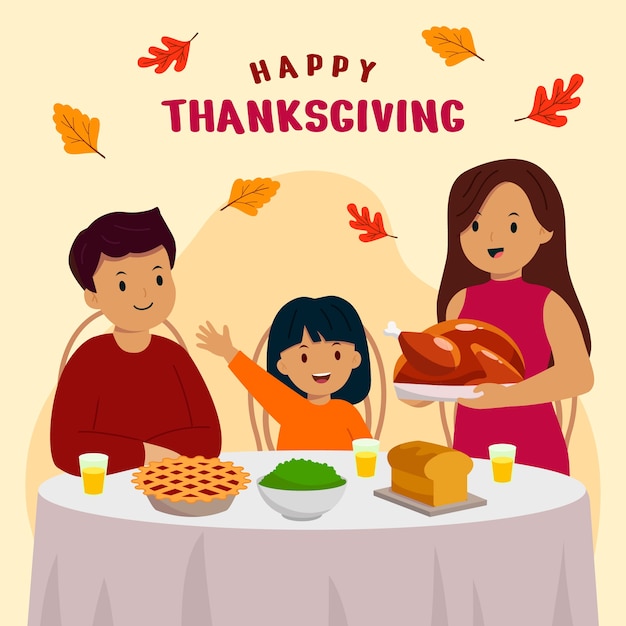 Gratis vector handgetekende vlakke afbeelding van mensen die thanksgiving samen met eten vieren