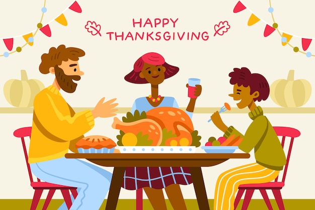 Gratis vector handgetekende vlakke afbeelding van mensen die thanksgiving samen met eten vieren