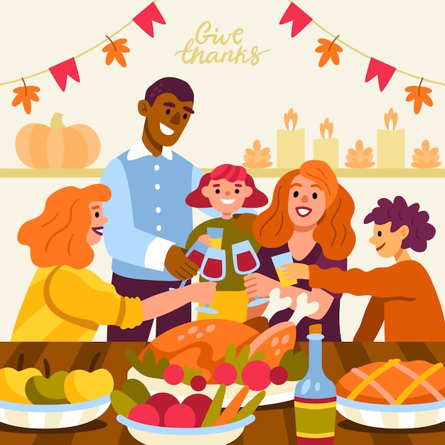 Handgetekende vlakke afbeelding van mensen die Thanksgiving samen met eten vieren