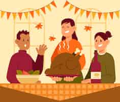 Gratis vector handgetekende vlakke afbeelding van mensen die thanksgiving vieren