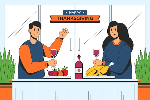Gratis vector handgetekende vlakke afbeelding van mensen die thanksgiving vieren