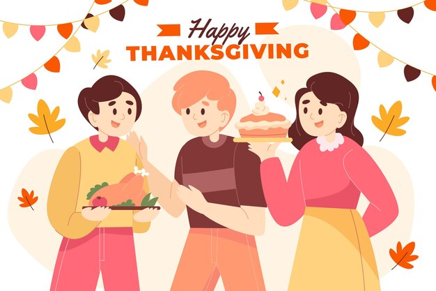 Handgetekende vlakke afbeelding van mensen die Thanksgiving vieren